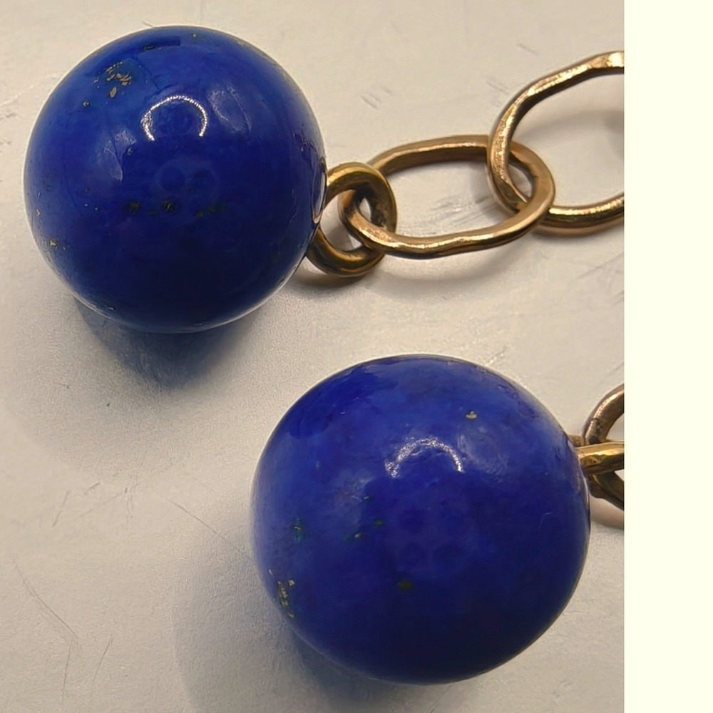 Lapis Lazuli Gold Tone Link Drop Earrings Blue Stone Dangle Post Backs 14k - Picture 2 of 5